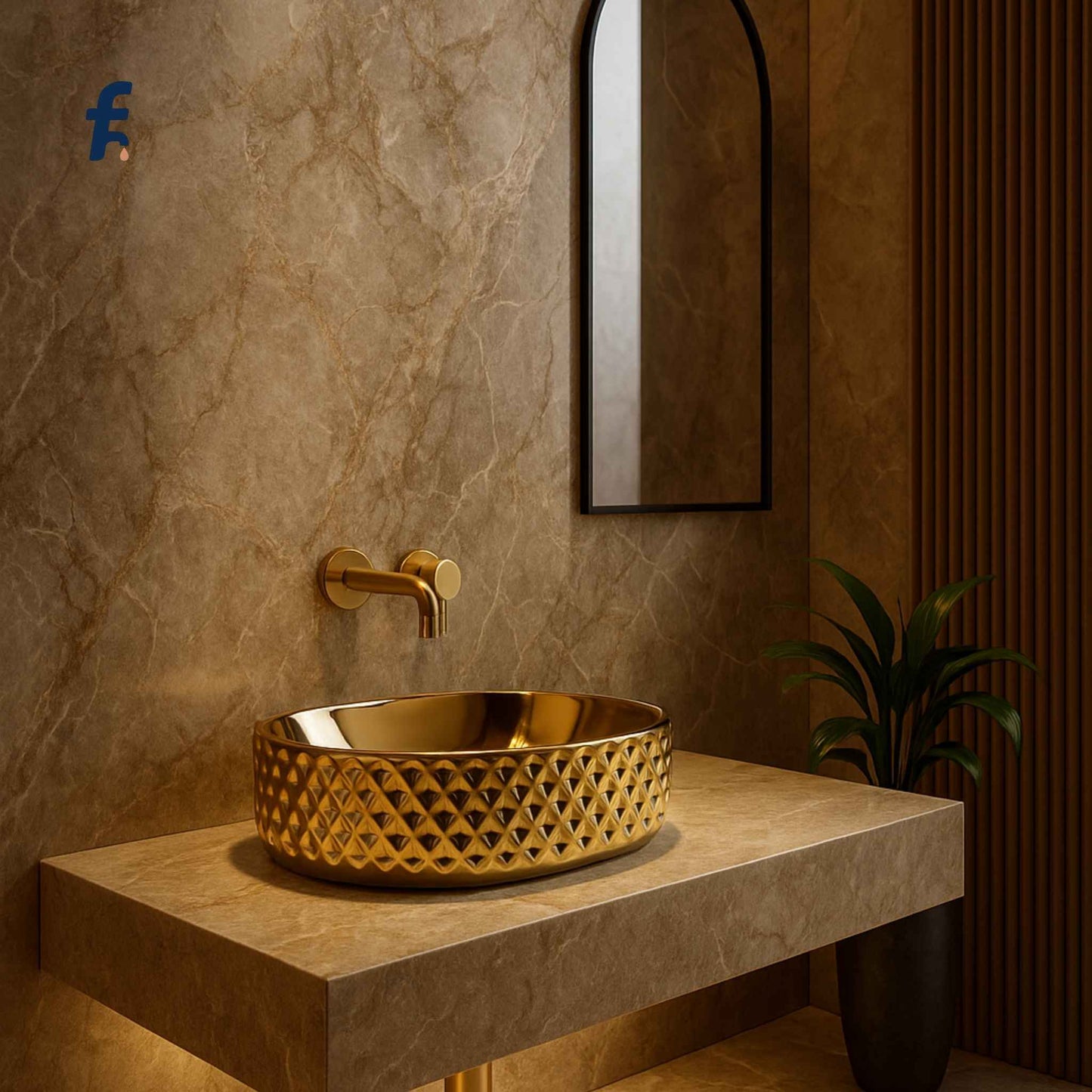 Luxury Gold Washbasin – Glossy Oval Designer Countertop Basin (450x340x135mm)