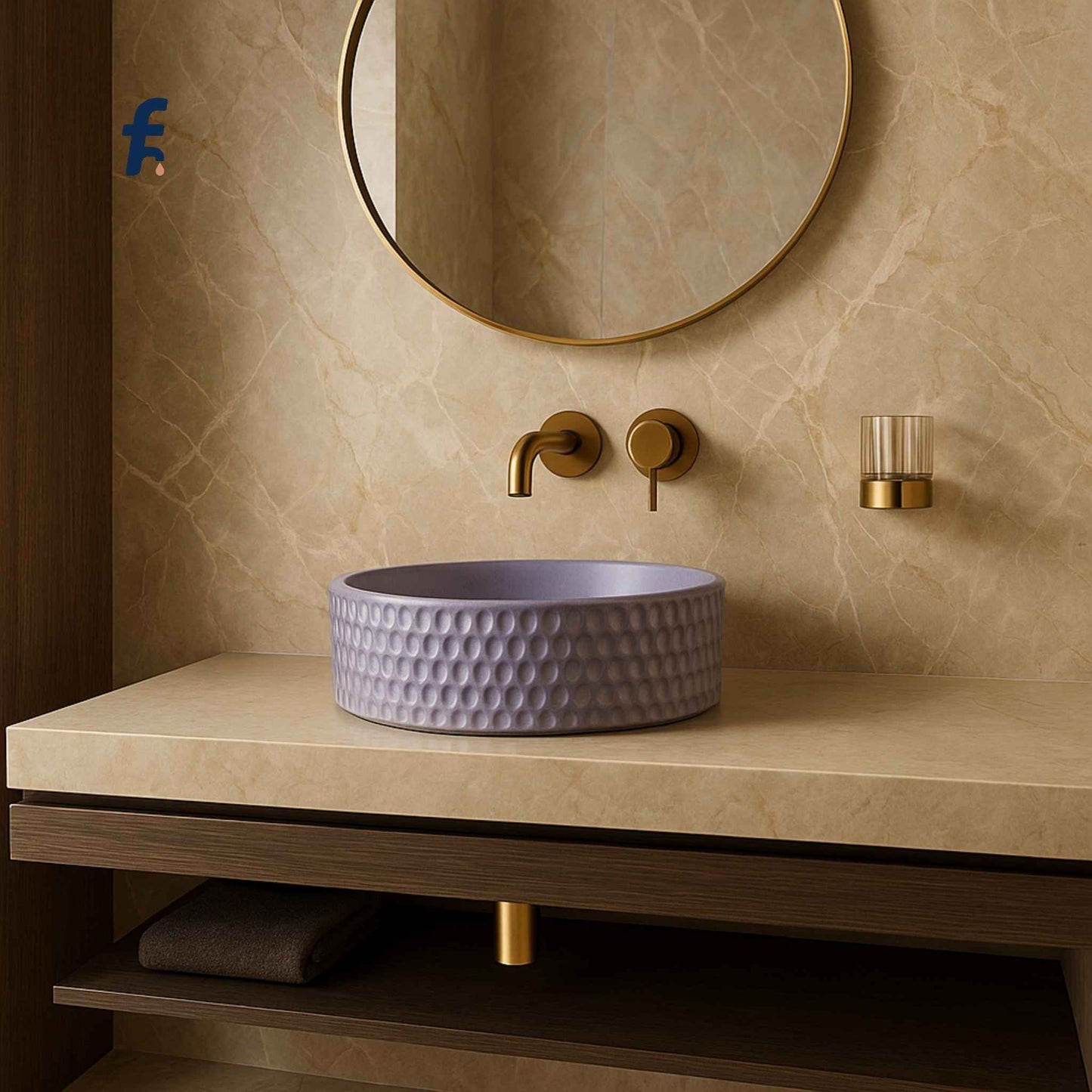 Full modern luxury bathroom featuring lavender textured round basin, gold fittings, marble walls, and wooden shelving.