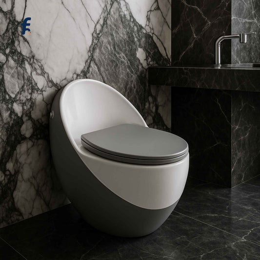 Luxurious bathroom with matt grey white integrated toilet and Italian marble décor