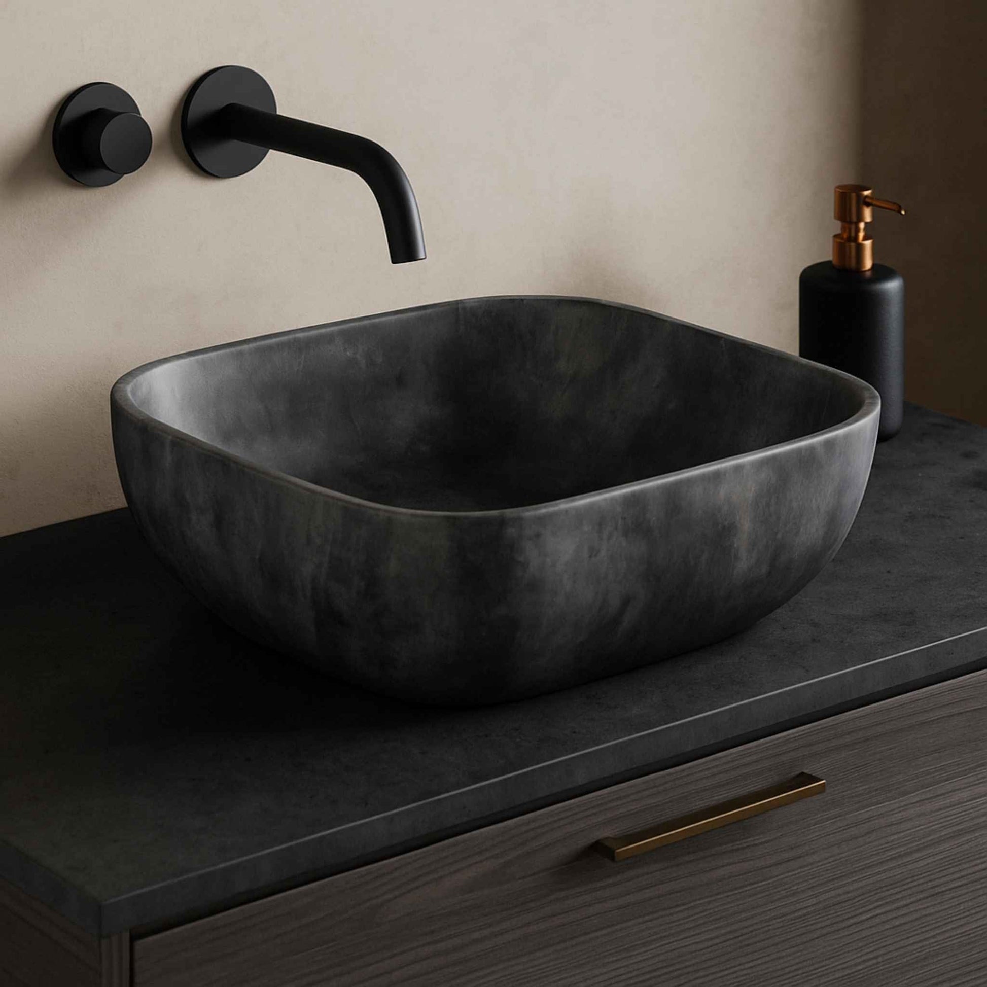side angle of luxury black wash basin with curved rectangular design