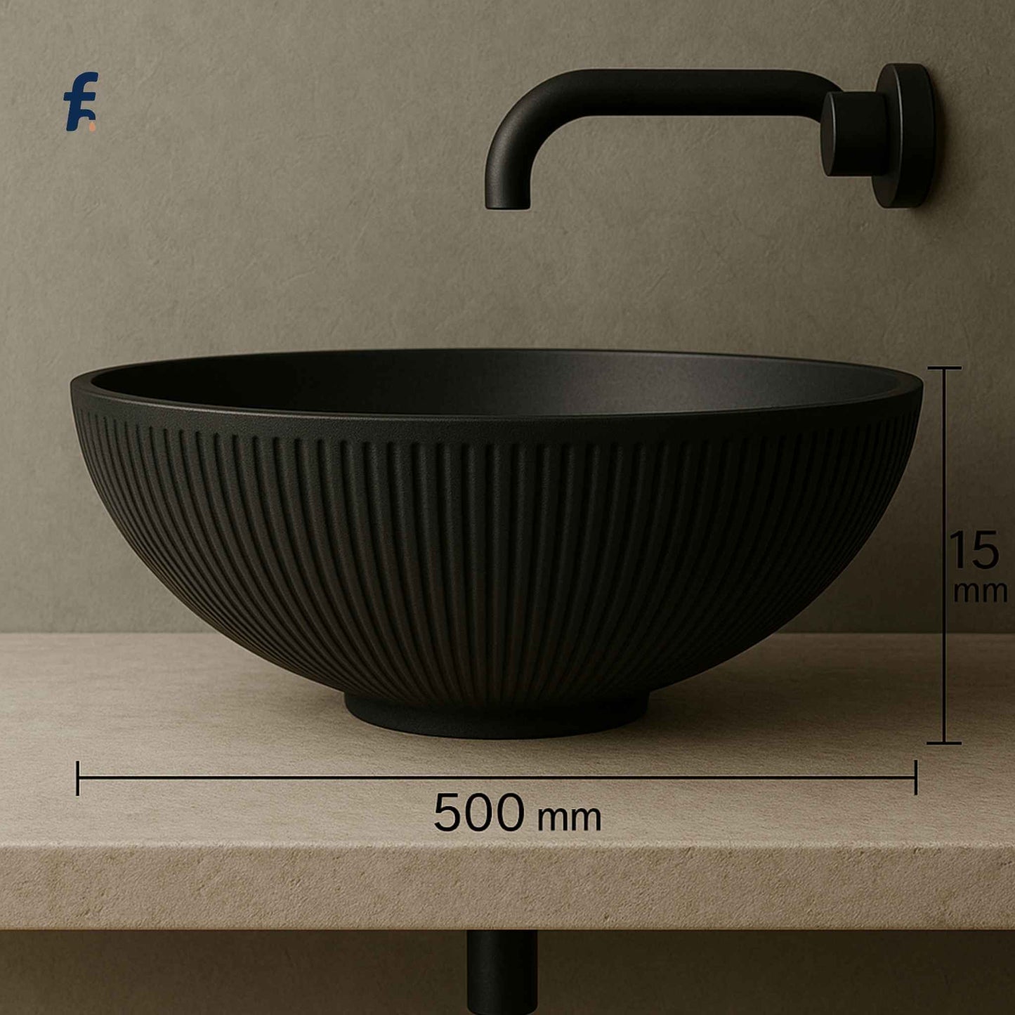 Black sink with faucet on a beige surface against a brown wall
