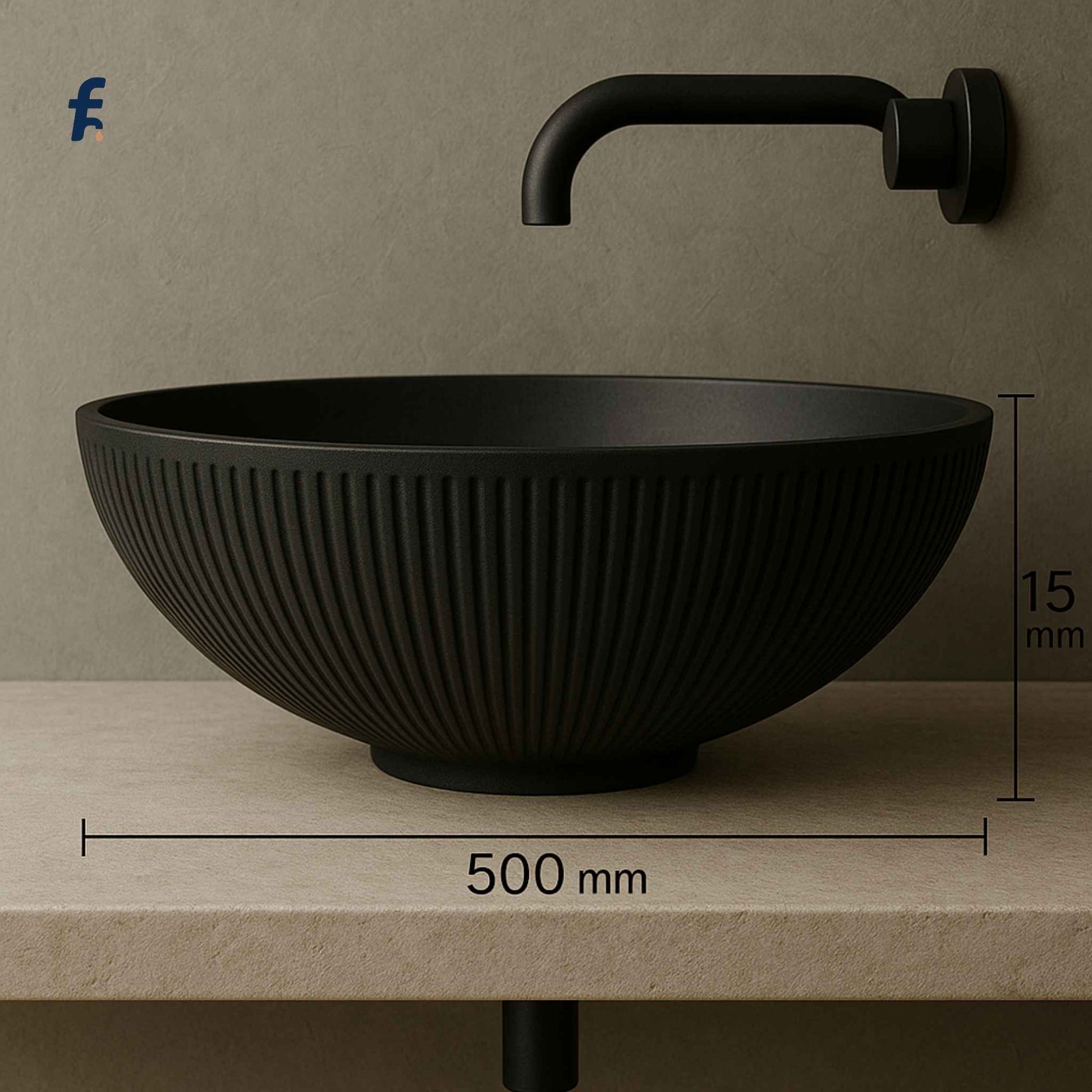 Black sink with faucet on a beige surface against a brown wall