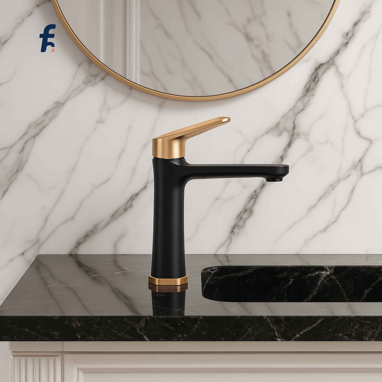 Black and gold faucet on a marble countertop with a round mirror above.