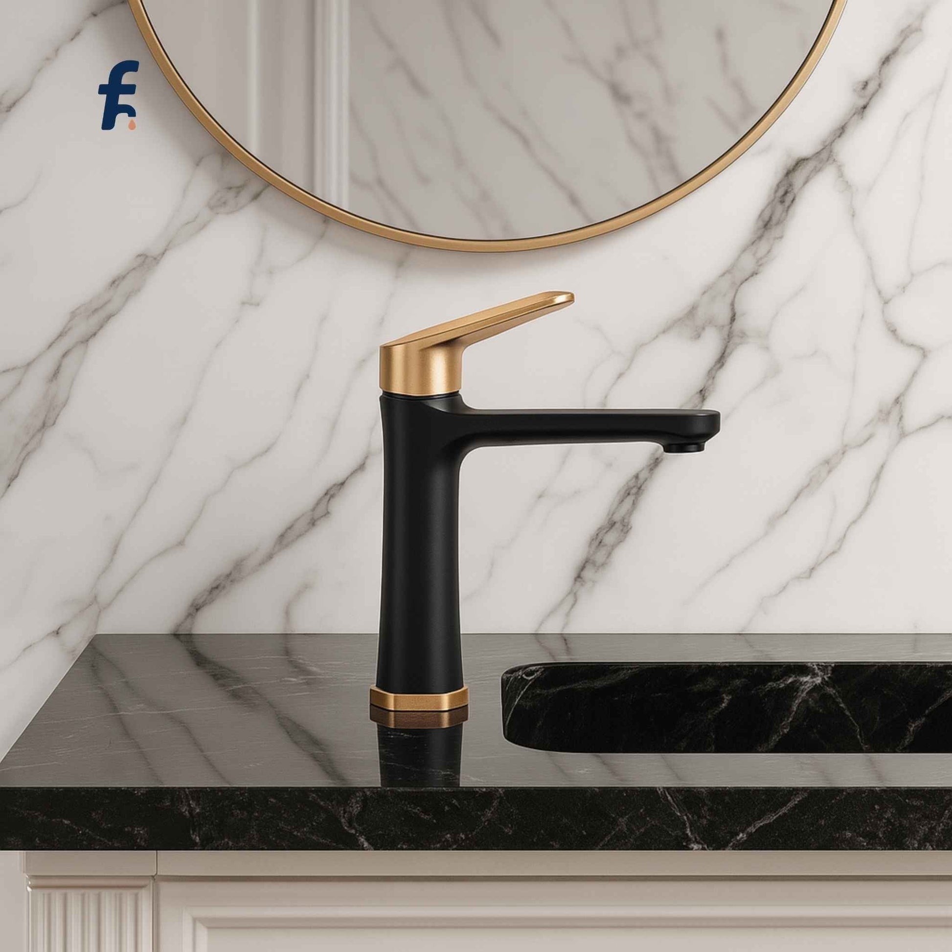 Black and gold faucet on a marble countertop with a round mirror above.