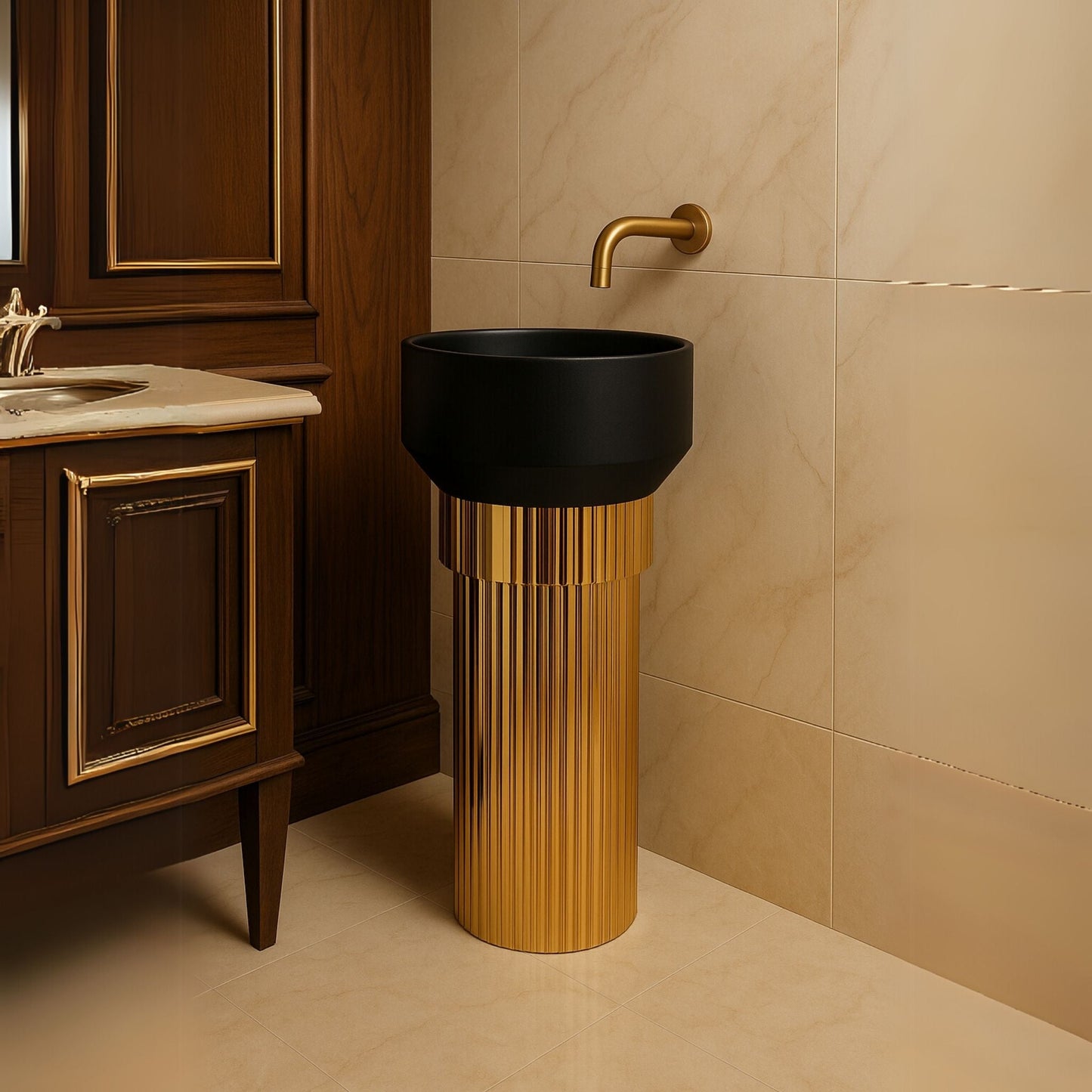 Luxury black and gold freestanding pedestal washbasin with fluted designer base in bathroom