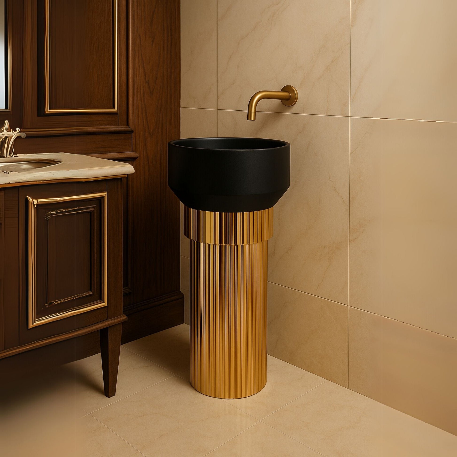 Luxury black and gold freestanding pedestal washbasin with fluted designer base in bathroom