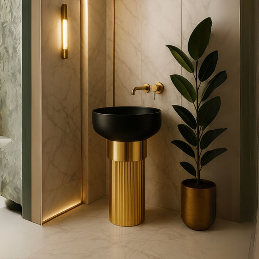 Luxury black and gold freestanding pedestal washbasin with fluted designer base in luxurious atmosphere