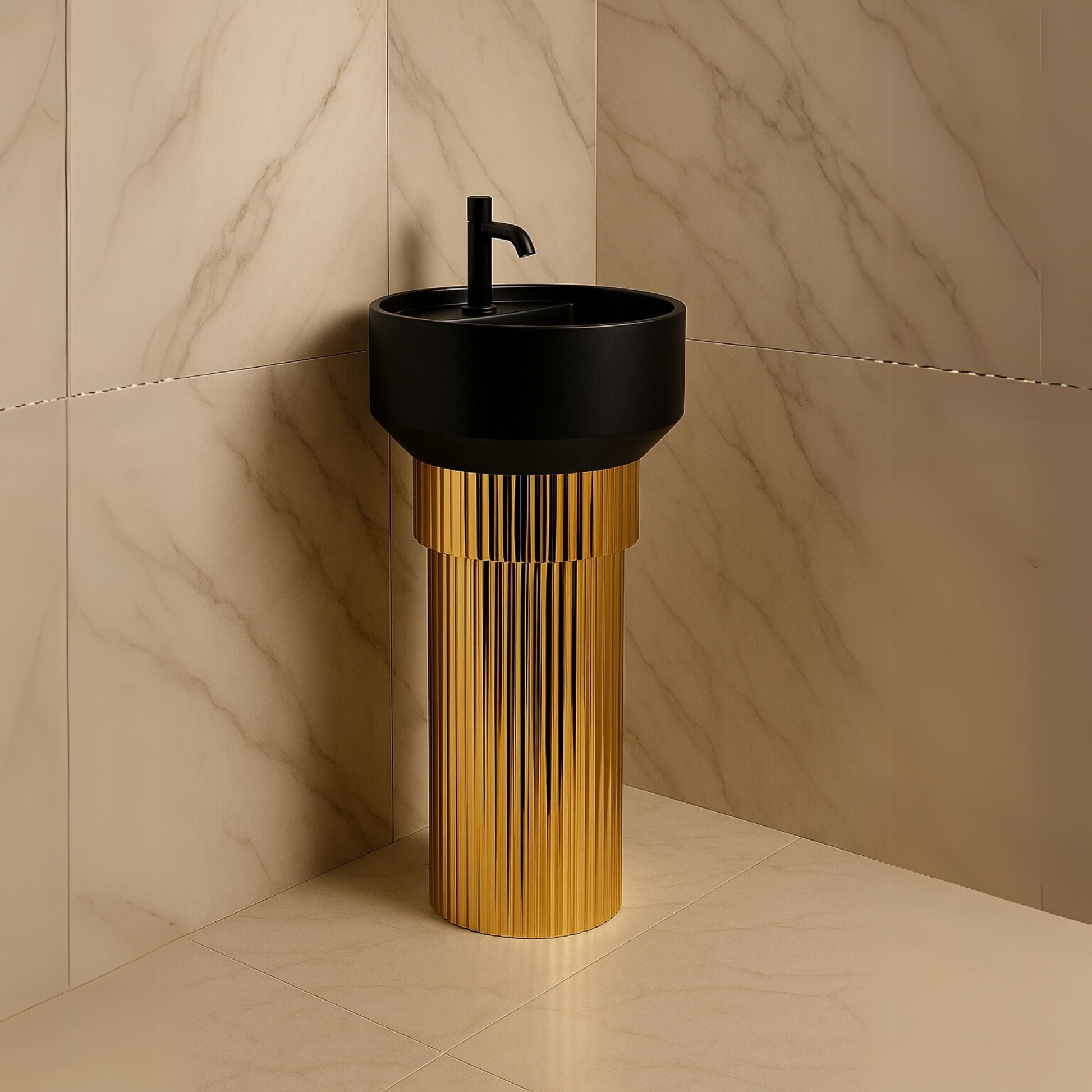 Luxury black and gold freestanding pedestal washbasin with fluted designer base side angle