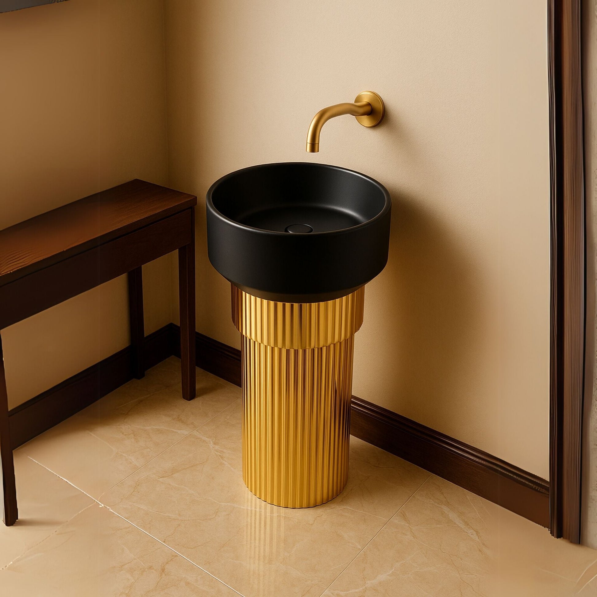 Luxury black and gold freestanding pedestal washbasin with fluted designer base top angle