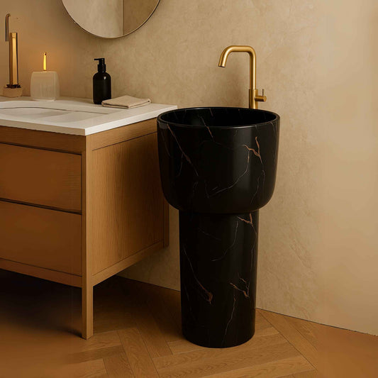 Luxury black marble pedestal washbasin with veined stone finish for designer bathrooms front side