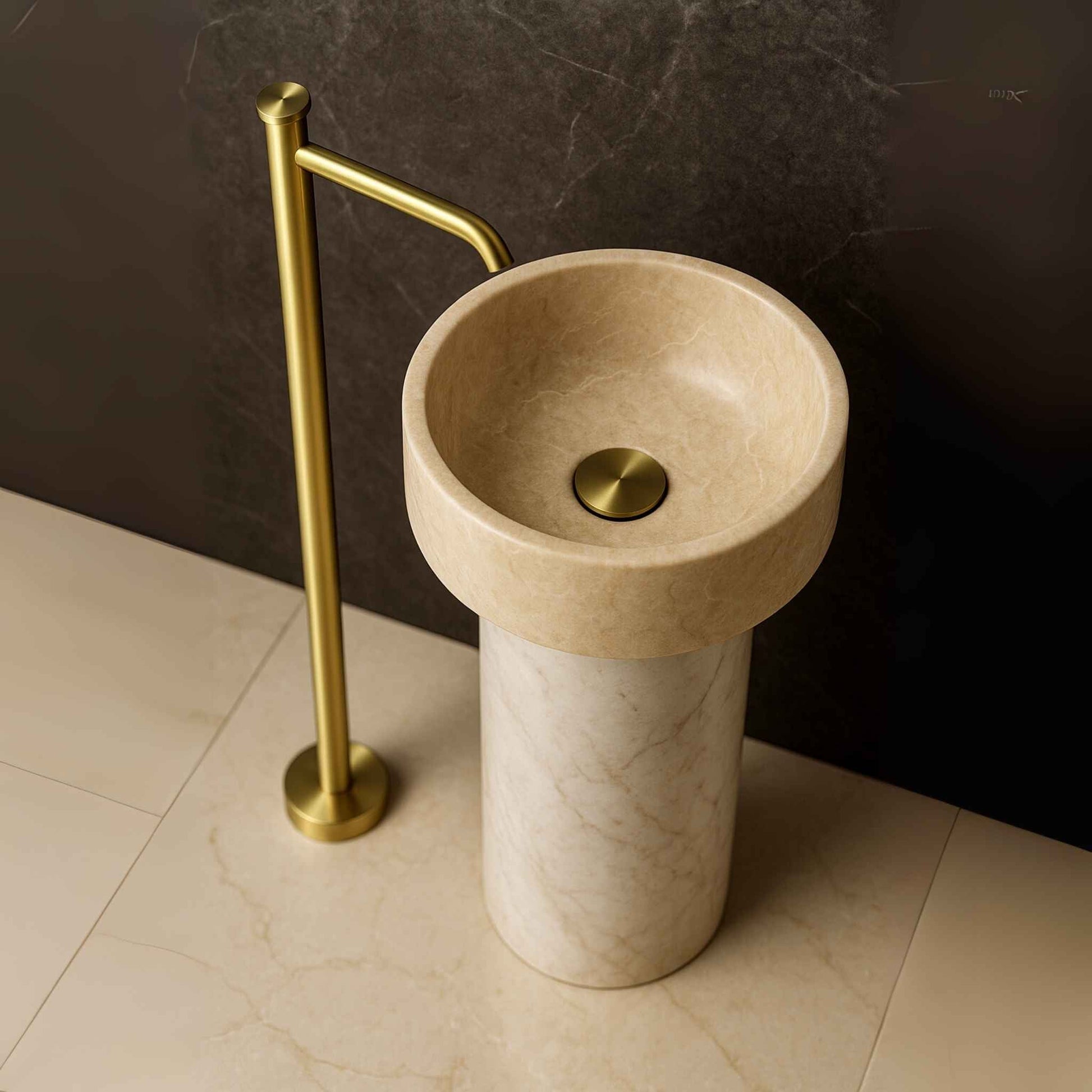 Top view of premium brushed gold floor basin mixer for luxury bathrooms