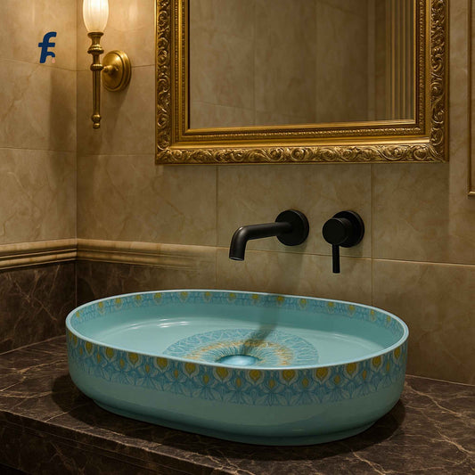 Decorative blue sink with gold-framed mirror and wall light fixture in a bathroom setting.