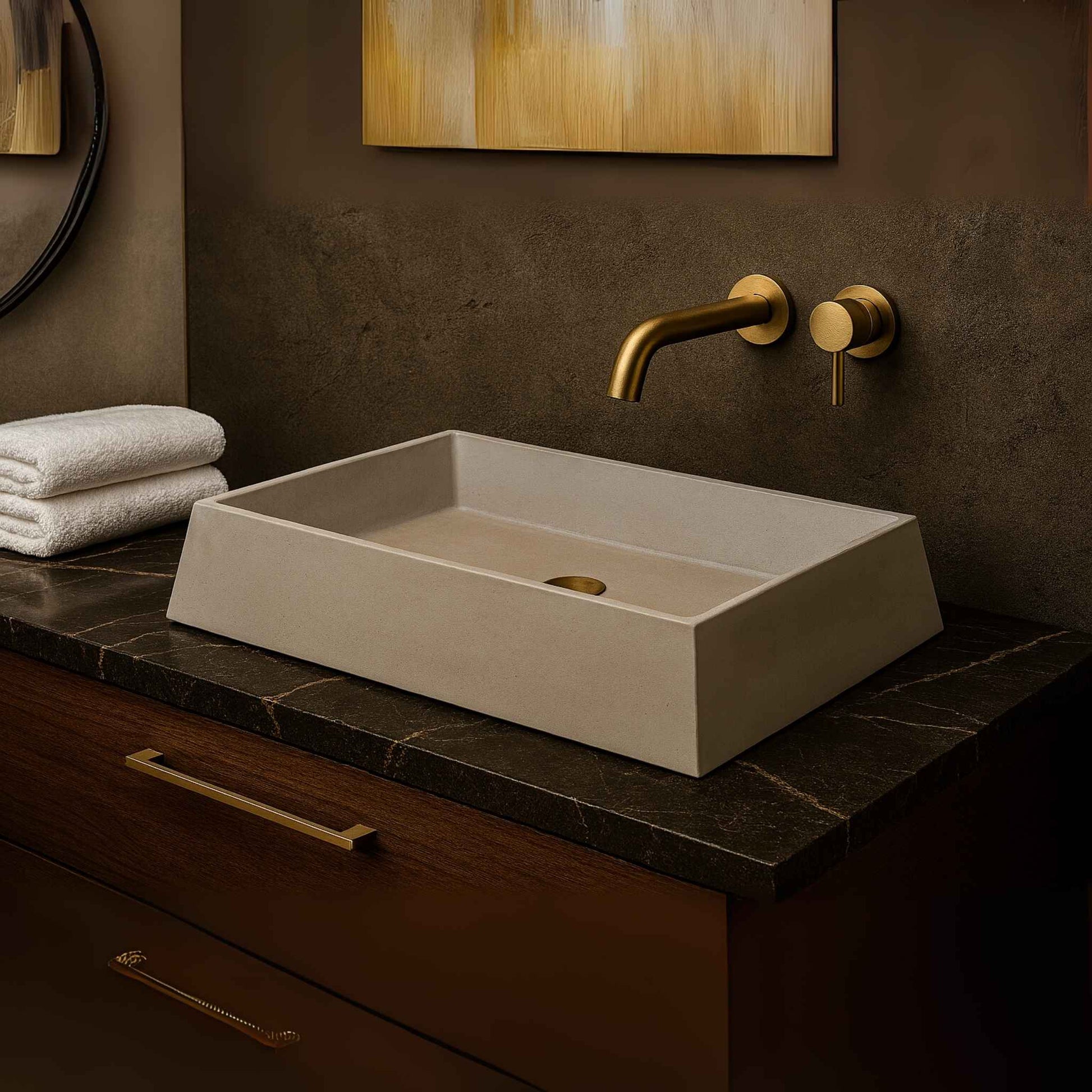 Front angle view of luxury concrete washbasin 650x400mm in rustic bathroom