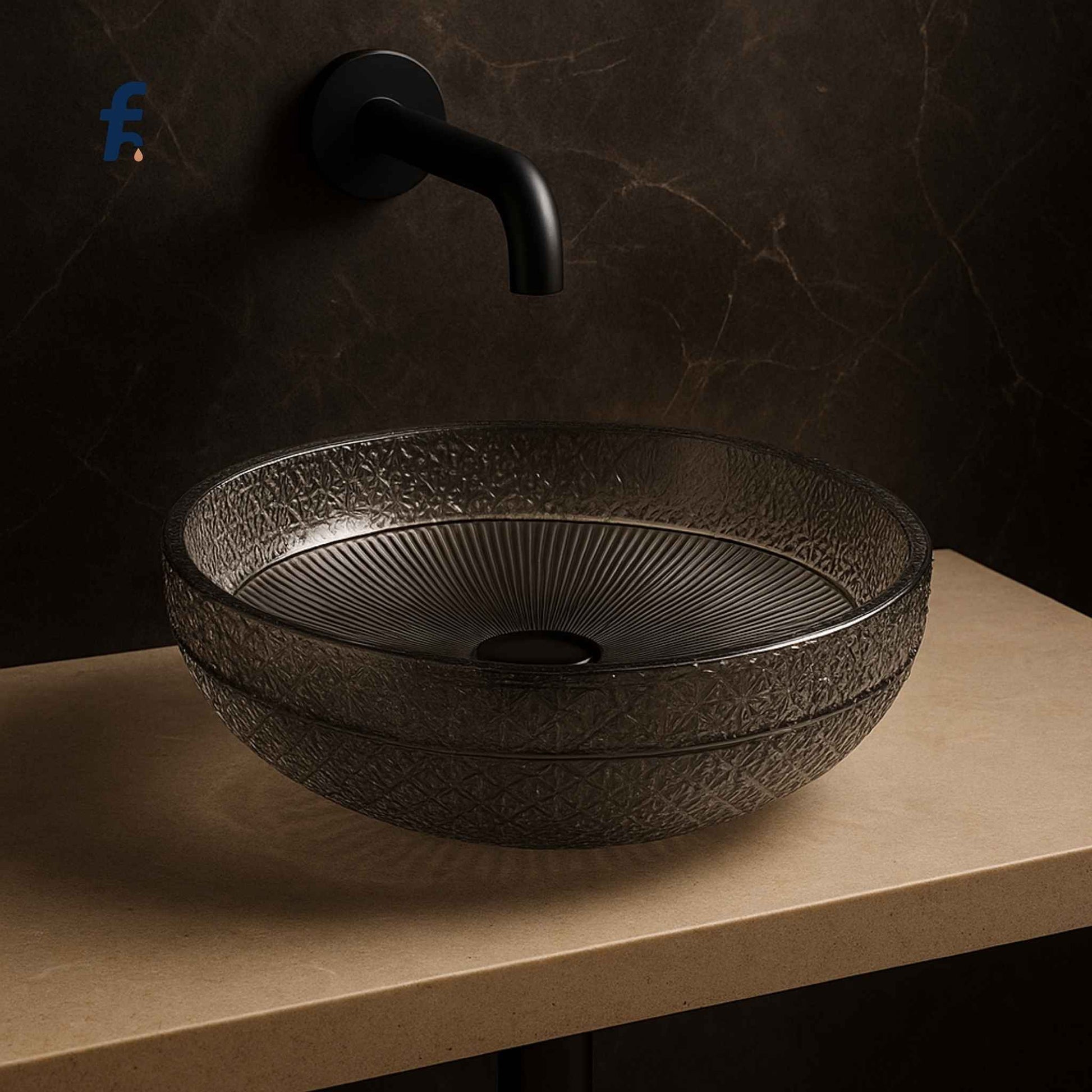 Decorative black sink on a beige countertop with a dark wall background