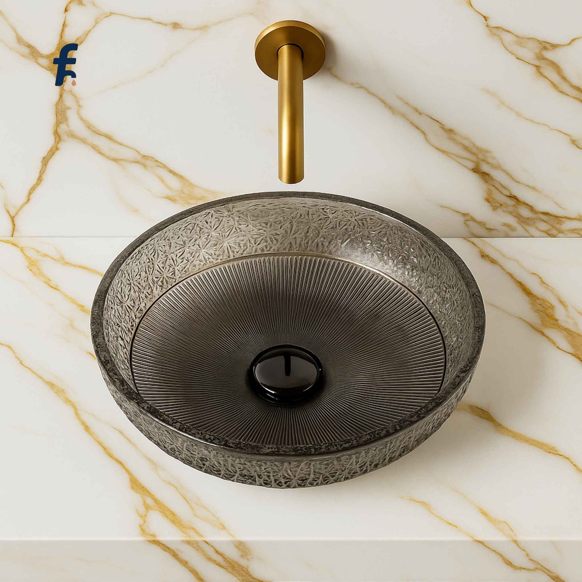  Top view of designer black crystal wash basin in modern bathroom