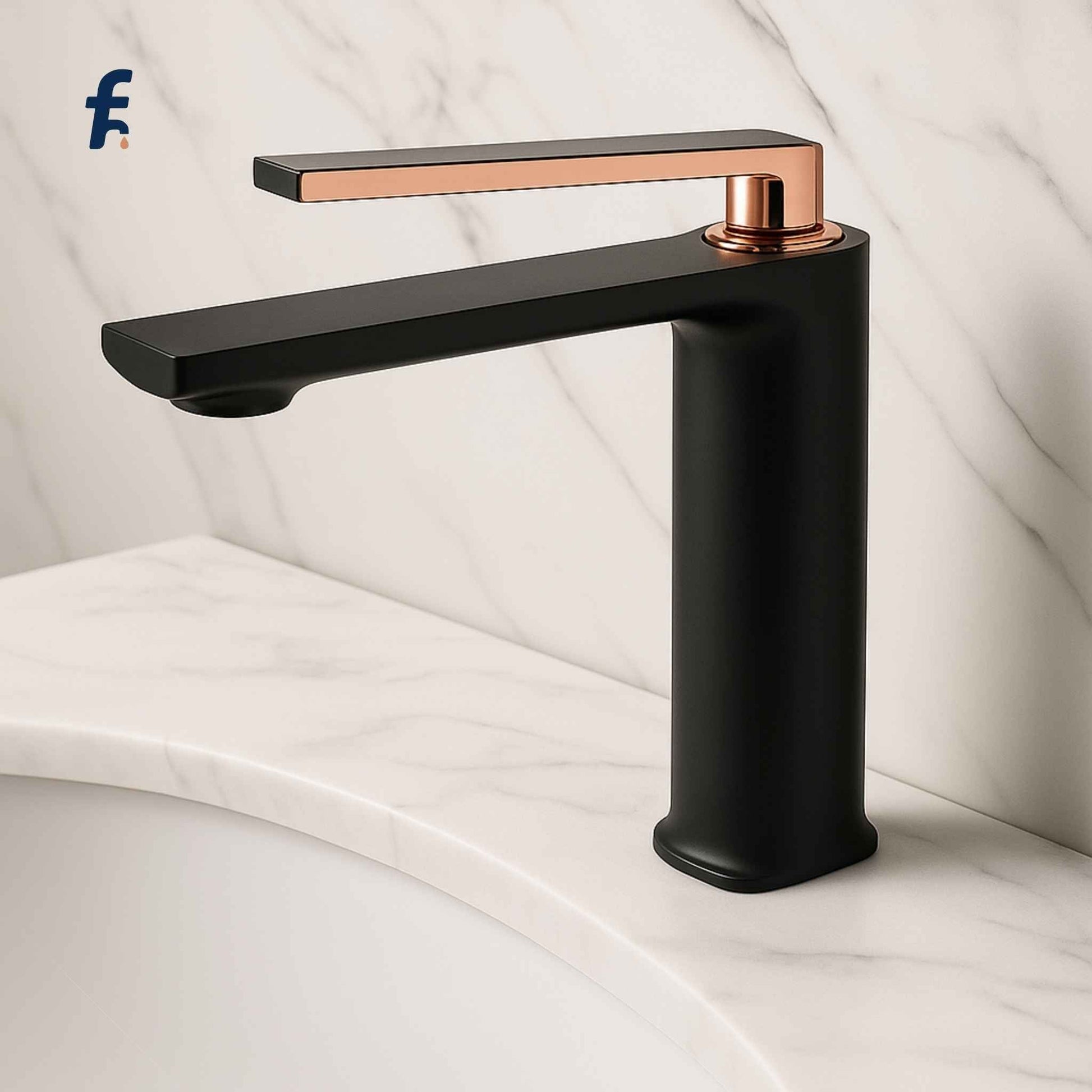 Black and rose gold faucet on a white background, Side close-up of tall mixer tap in modern black finish