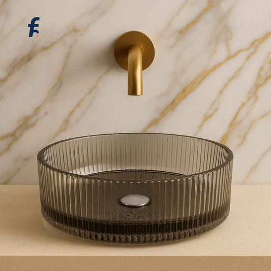  Front view of luxury fluted glass wash basin for modern bathroom