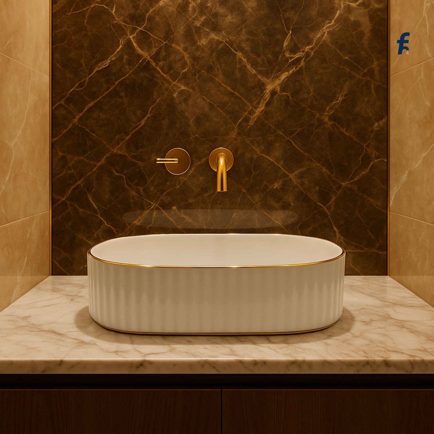 White ceramic sink with gold fixtures against a marble wall.