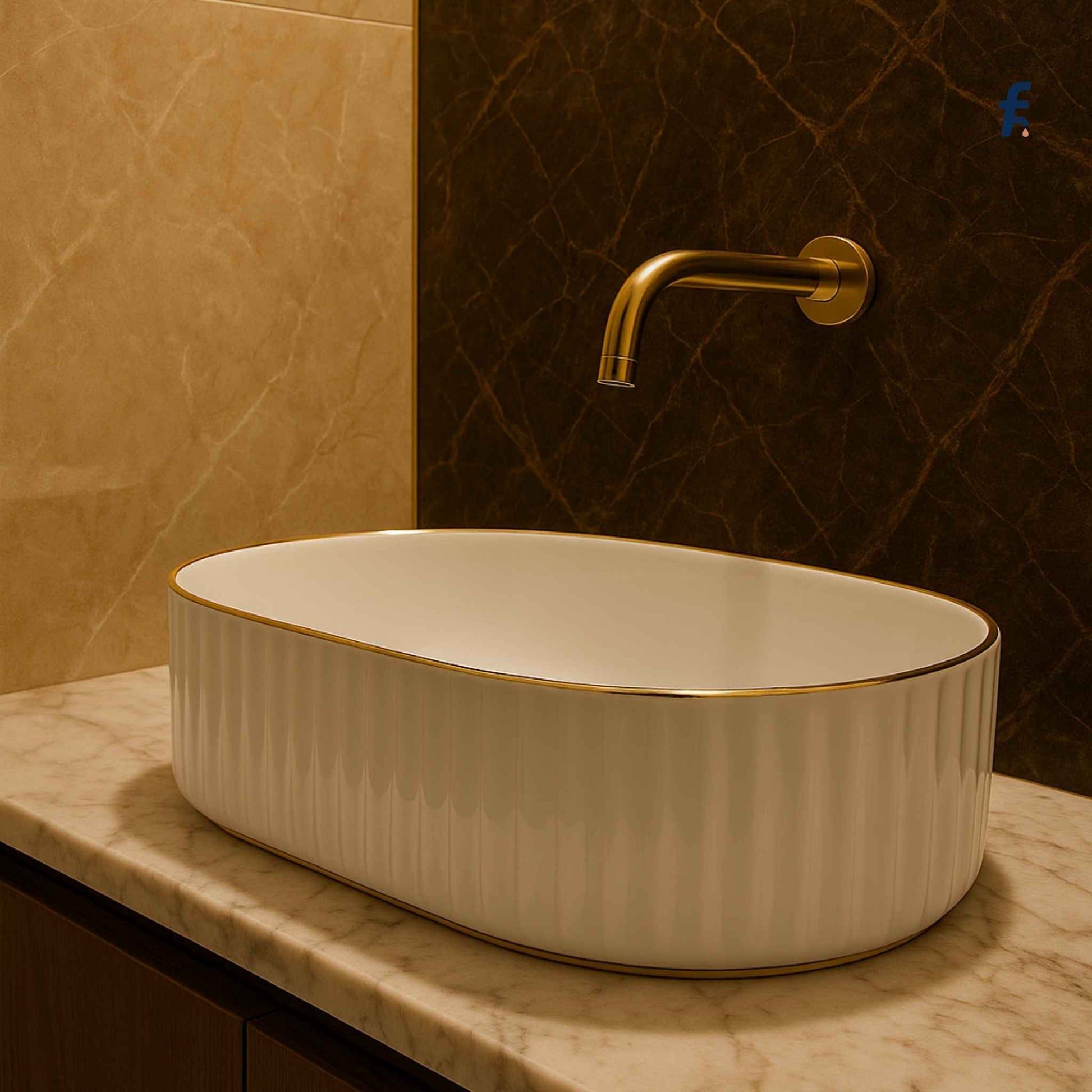 White ceramic sink with gold rim on a marble countertop, against a brown tiled wall with a gold faucet.