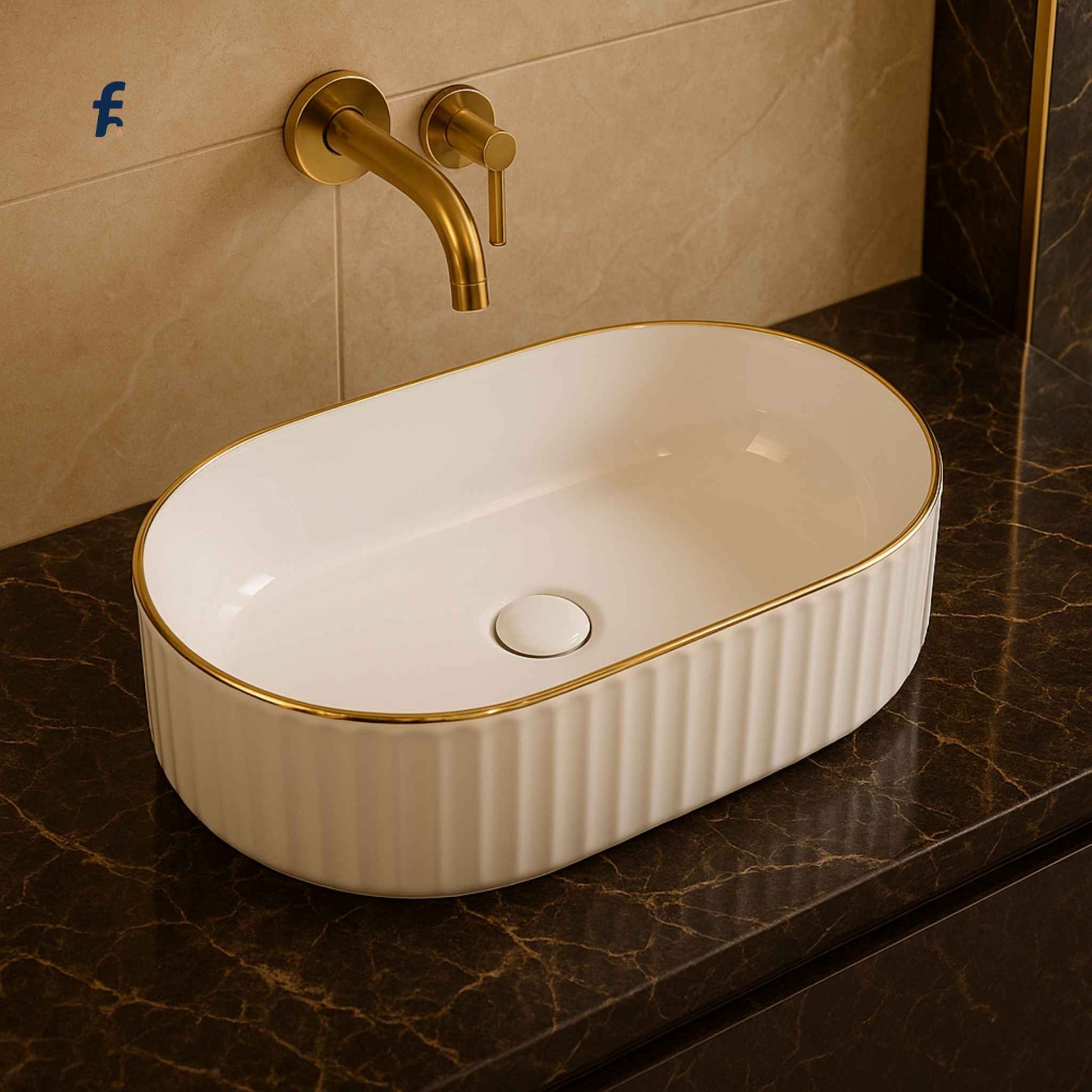 White ceramic sink with gold rim and faucet on a brown marble countertop.