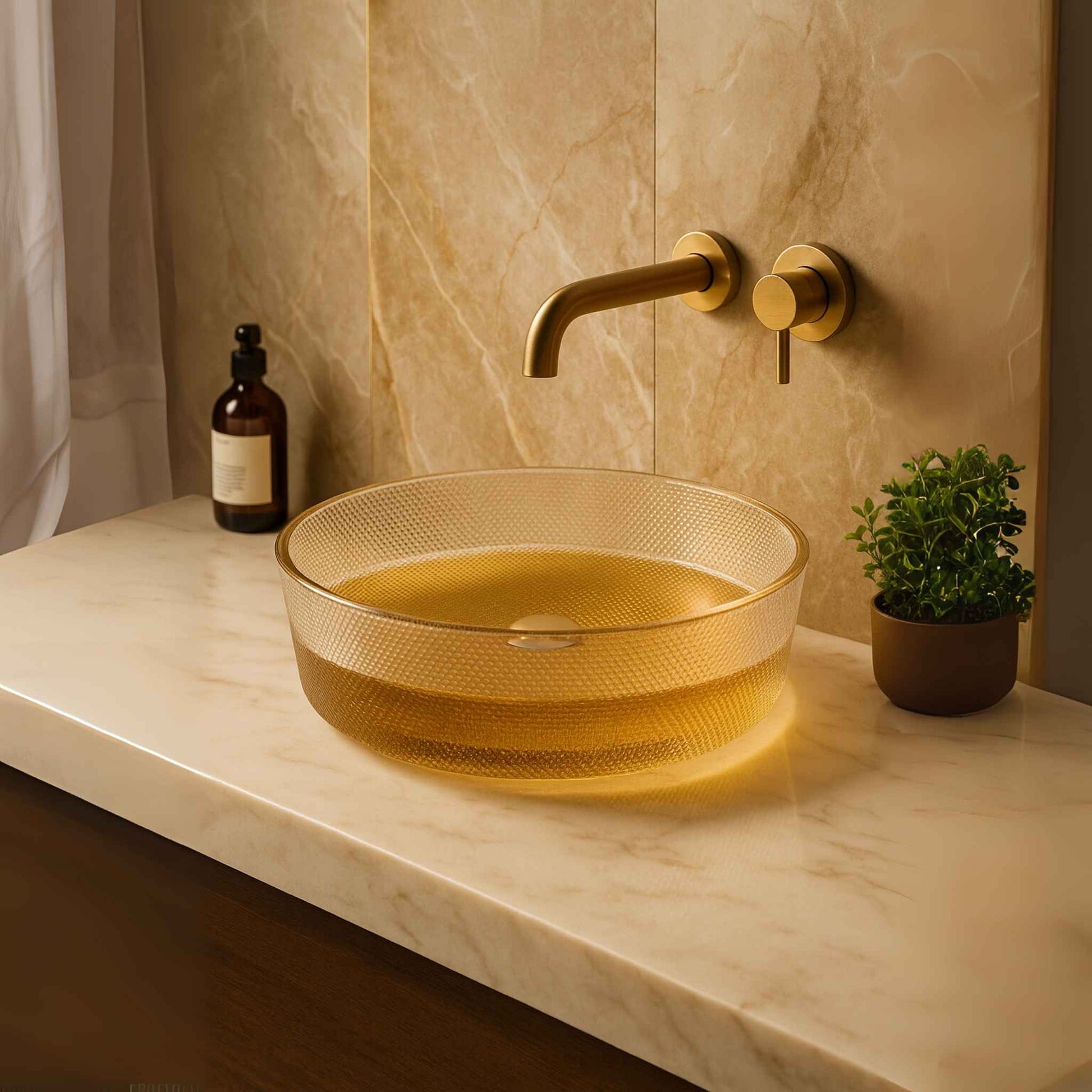 Front view of luxury gold glass oval wash basin in premium bathroom