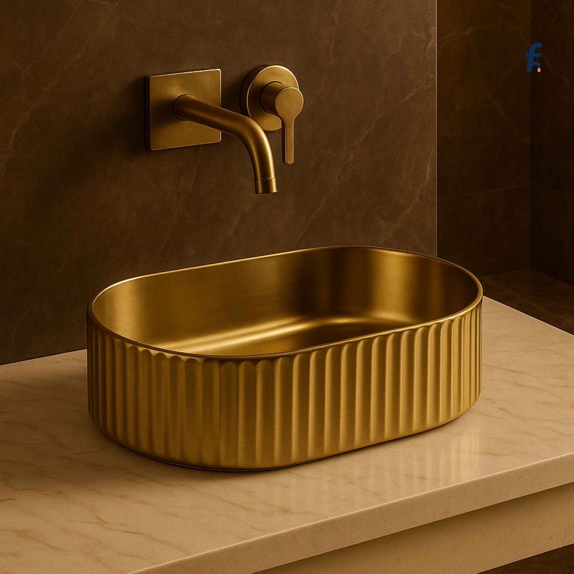 Front view of luxury gold fluted oval basin in bathroom