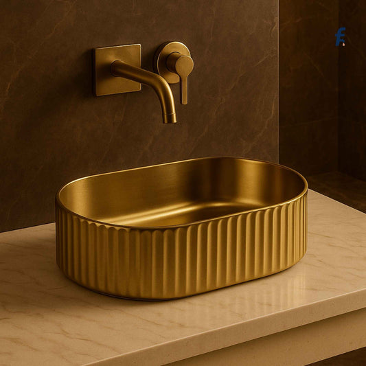 Front view of luxury gold fluted oval basin in bathroom