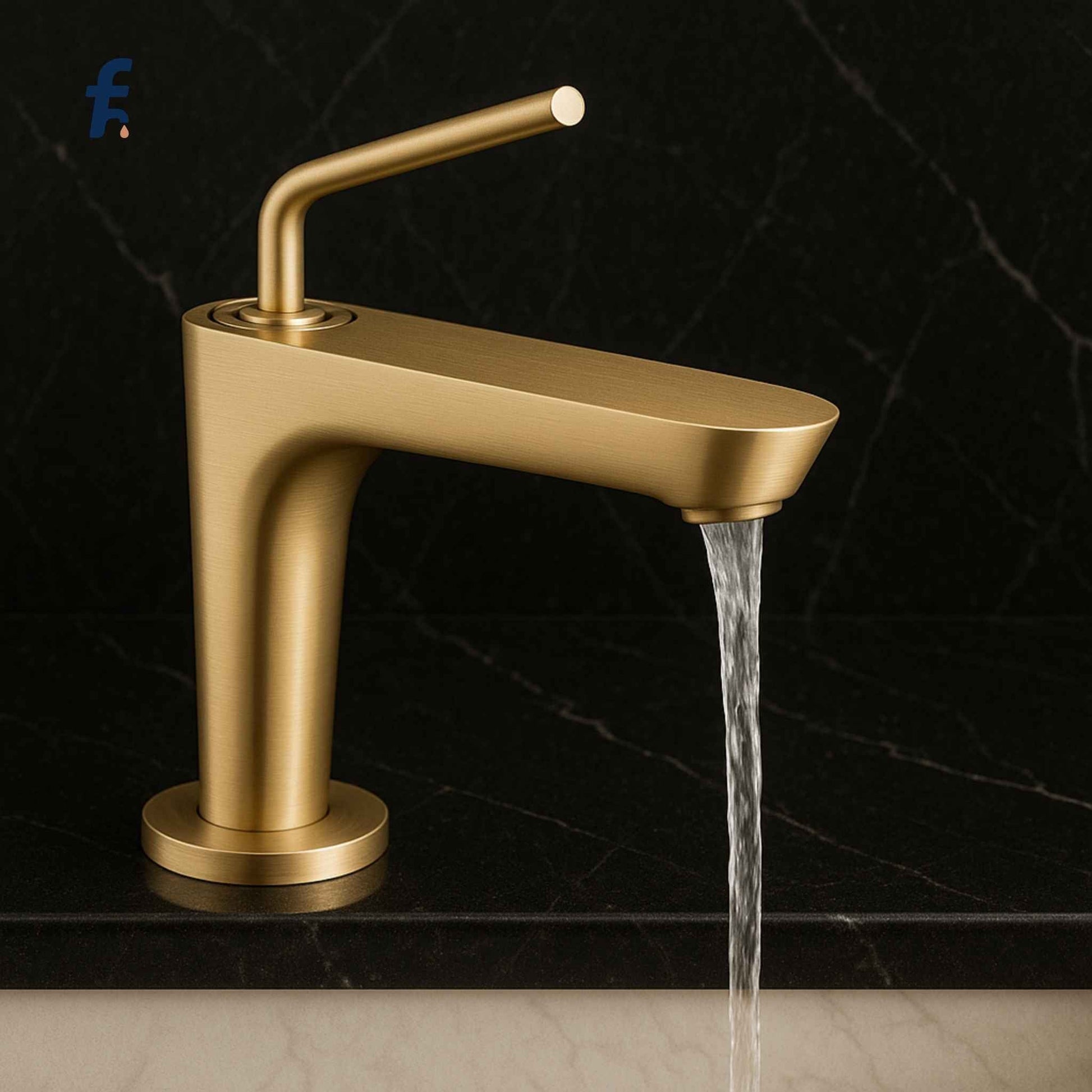 Gold faucet with water flowing on a black marble background, Brushed gold bathroom faucet with water flowing into white basin