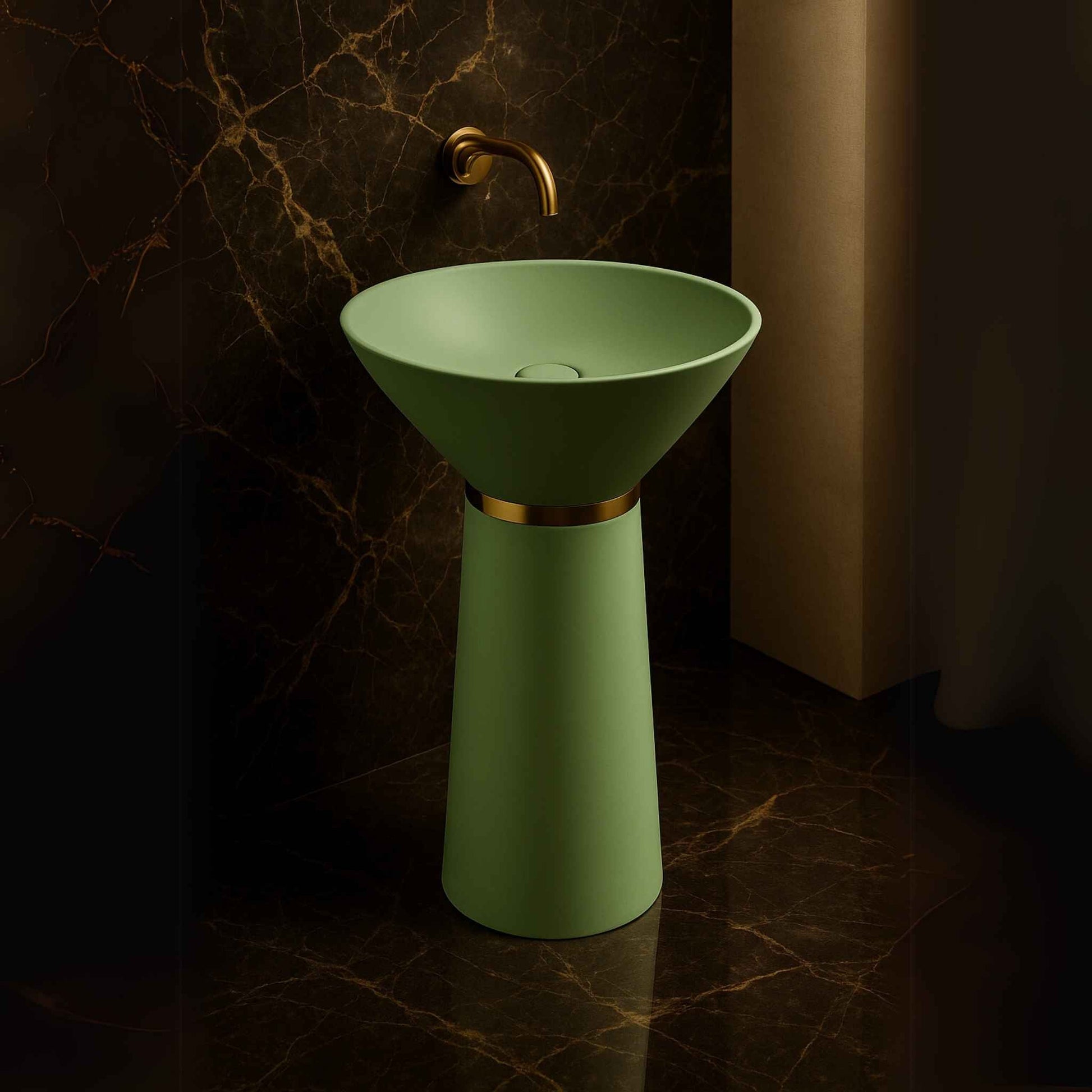Luxury matte green pedestal washbasin with gold ring in a marble bathroom 