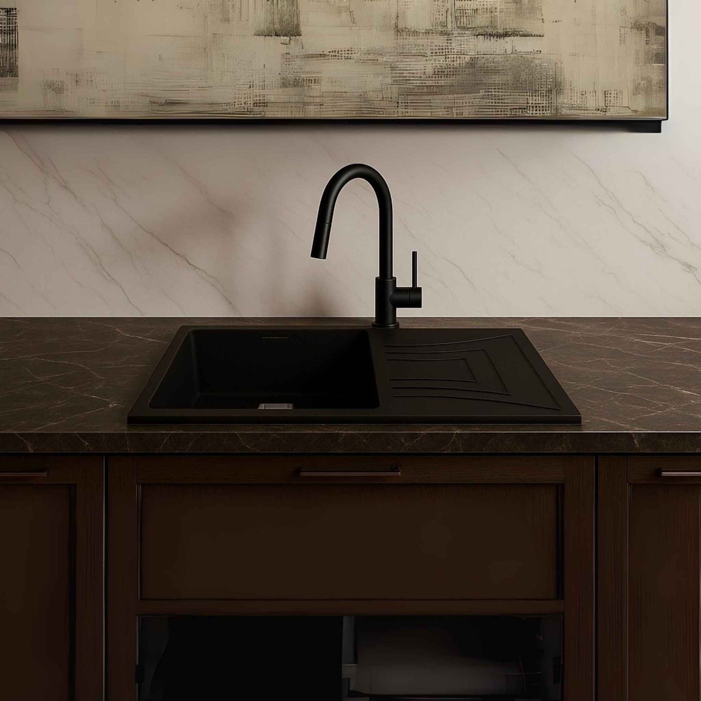  Luxurious full kitchen interior featuring black quartz granite sink as the centerpiece with premium storage and modern finish
