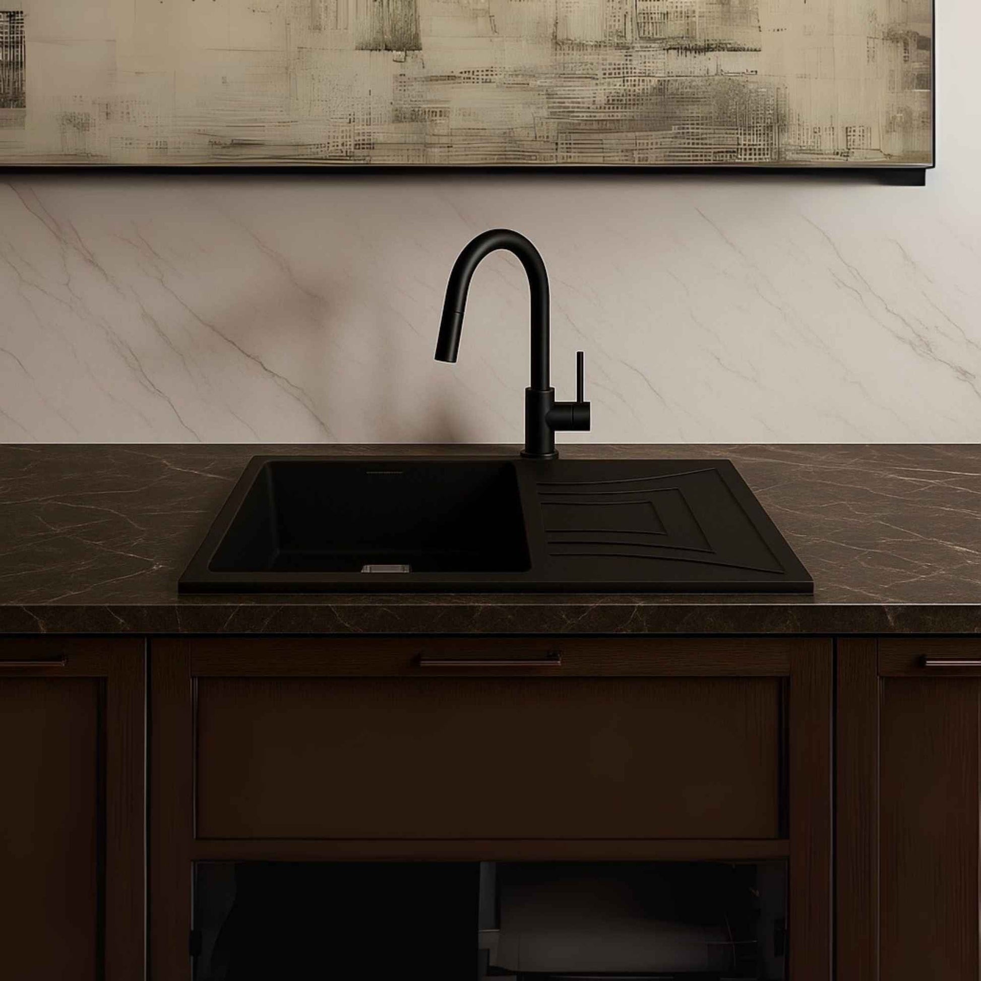  Luxurious full kitchen interior featuring black quartz granite sink as the centerpiece with premium storage and modern finish