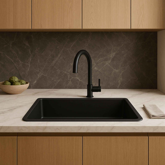 Full kitchen view featuring black granite sink and matte tap