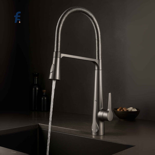Pull-down kitchen faucet installed in modern luxury modular kitchen