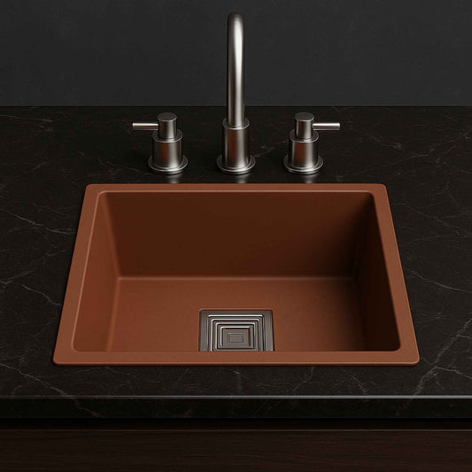 Modern luxury kitchen with metallic kitchen sink and dark Calacatta marble