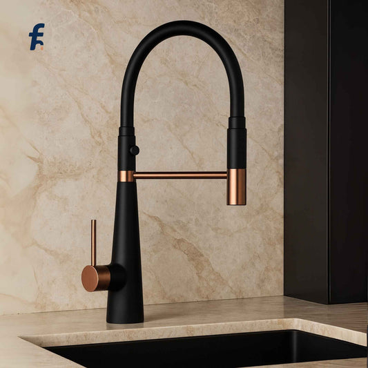  Front close-up view of matte black and rose gold kitchen mixer faucet with dual spray outlet
