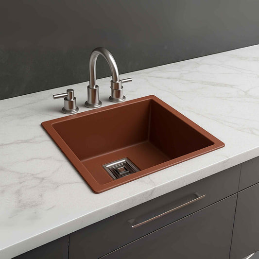 Granite composite terracotta sink with square drain in Satvario marble setup