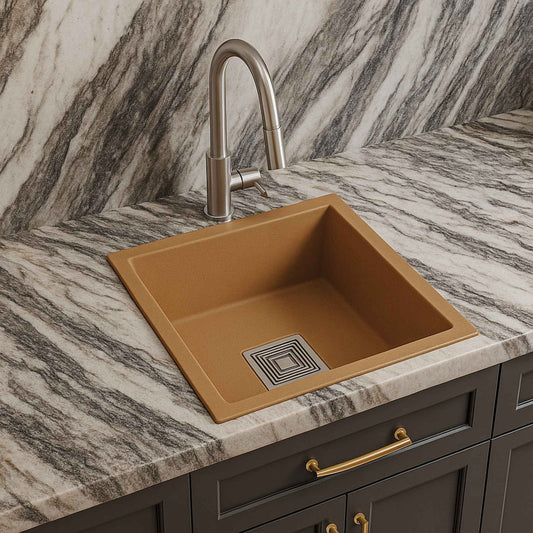 Full modern kitchen view featuring brown 18x16 inch quartz granite sink with premium fittings