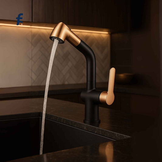 Modern black and gold faucet with water flowing in a bathroom setting.