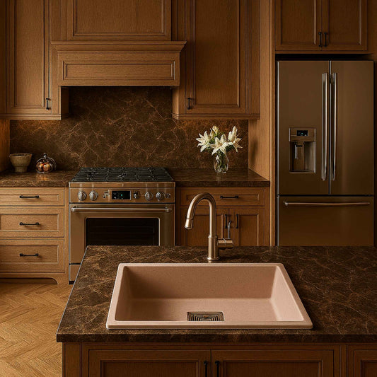  Full luxury kitchen with rose pink granite sink installed in brown Italian marble countertop and wooden cabinets