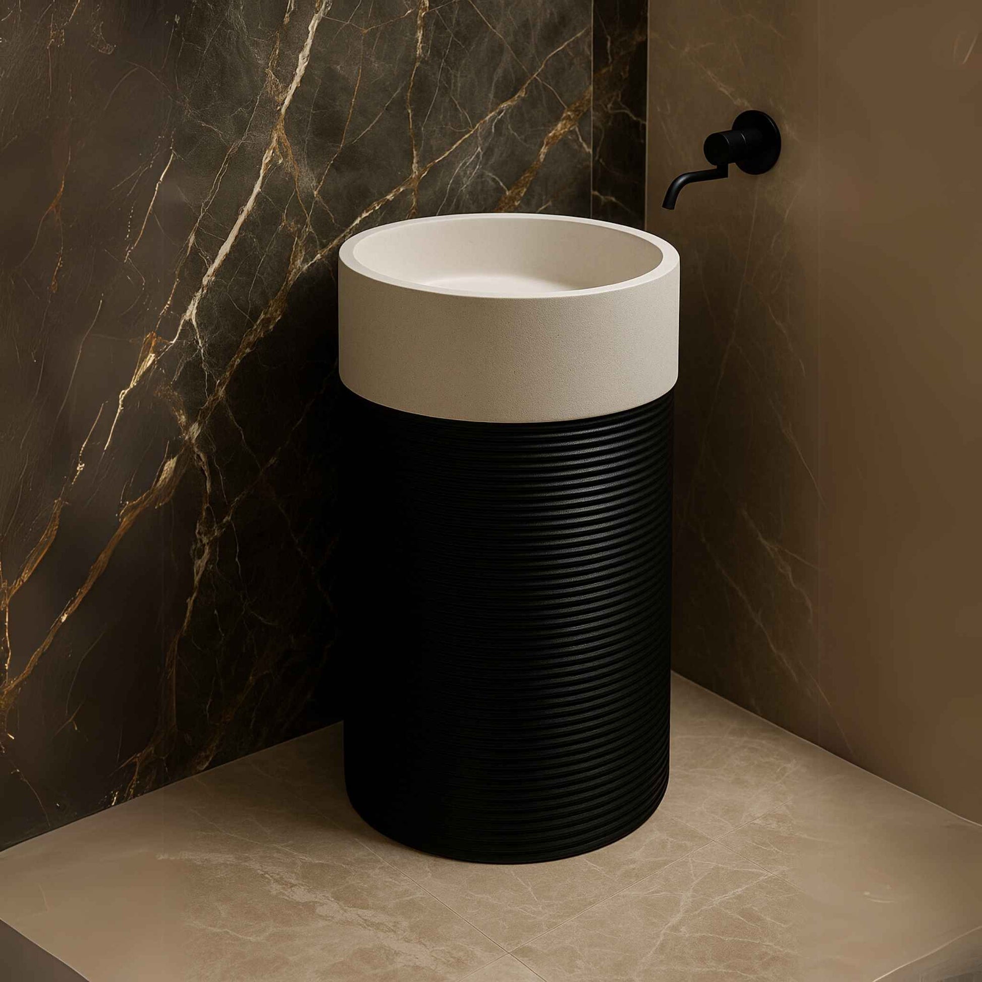 Designer black and white pedestal sink placed in a luxurious Italian marble bathroom
