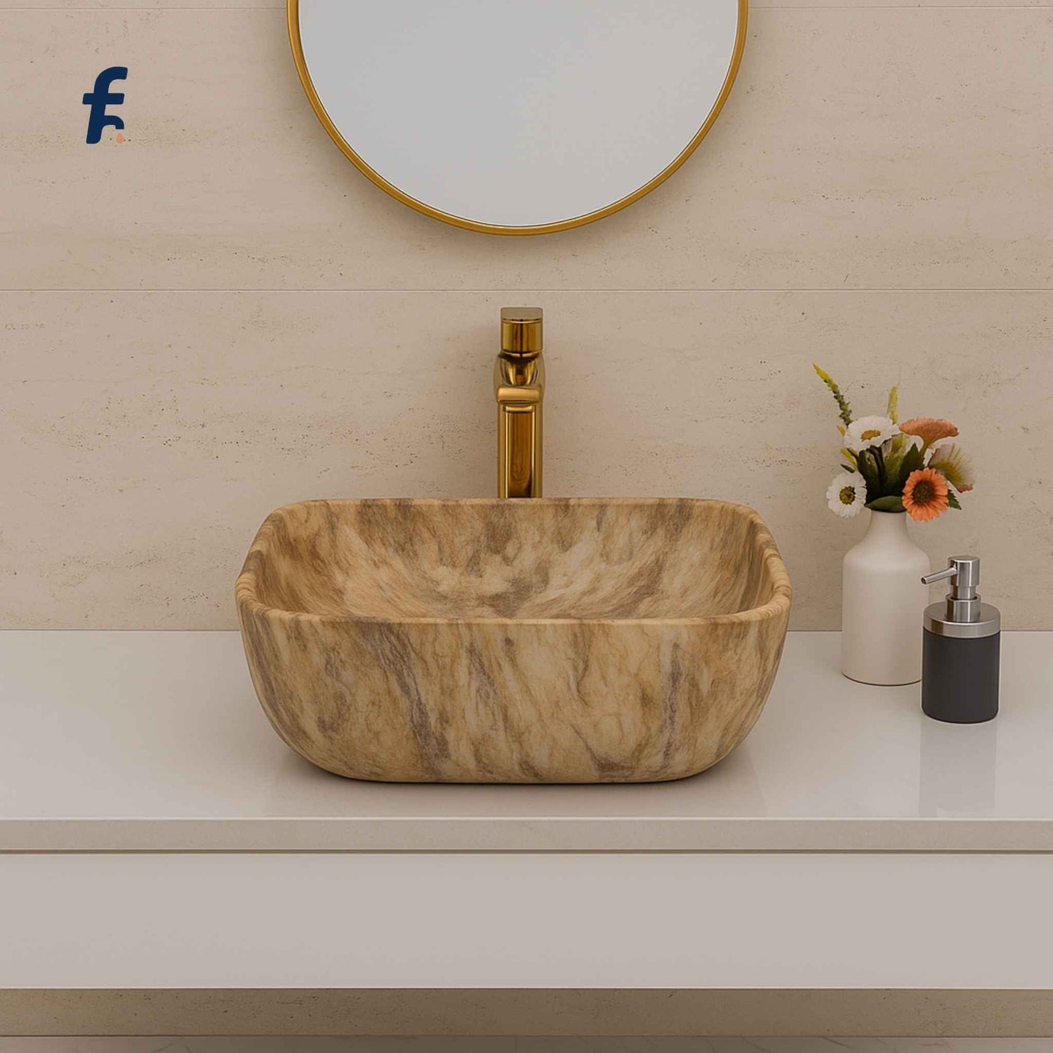 Marble sink on a bathroom counter with a mirror and decorative elements, Marble finish ceramic table top wash basin with gold faucet.