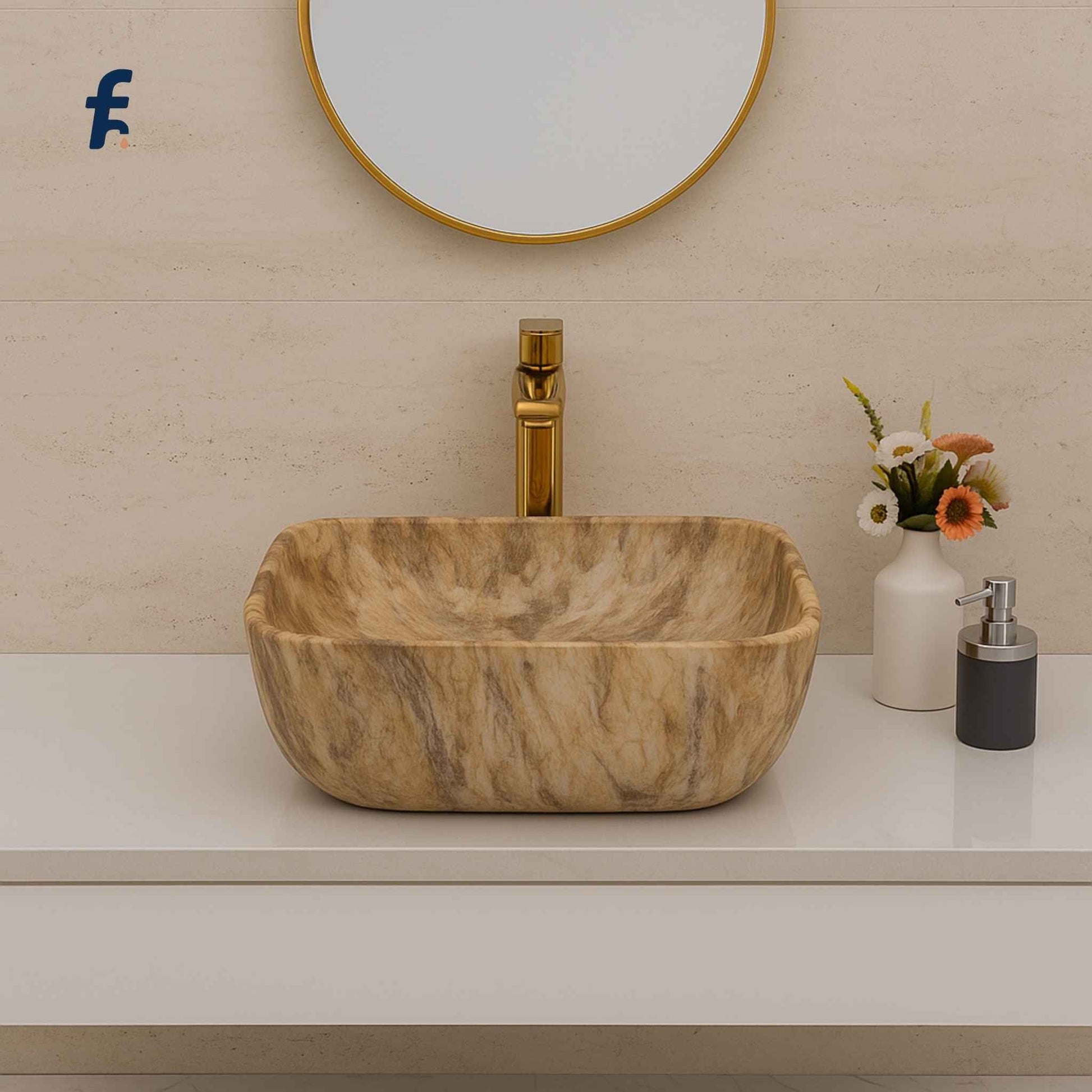 Marble sink on a bathroom counter with a mirror and decorative elements, Marble finish ceramic table top wash basin with gold faucet.