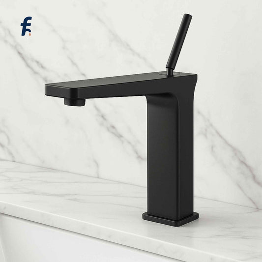 Black faucet on a marble countertop with a light gray background, Luxury matte black faucet made of premium brass for designer washbasins and vanity tops.