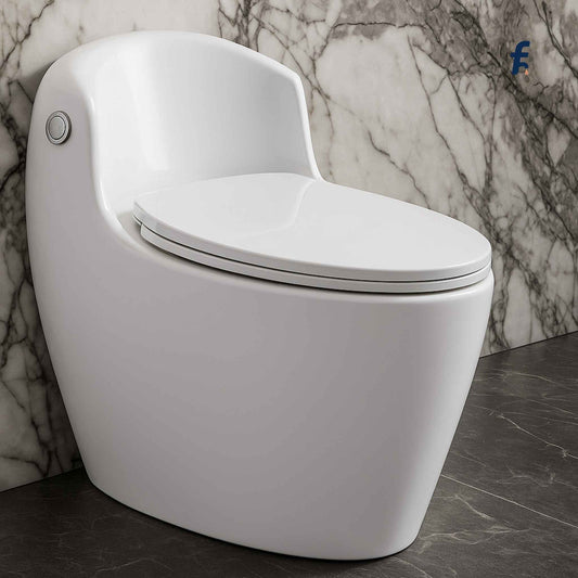 Modern white toilet against a marble wall