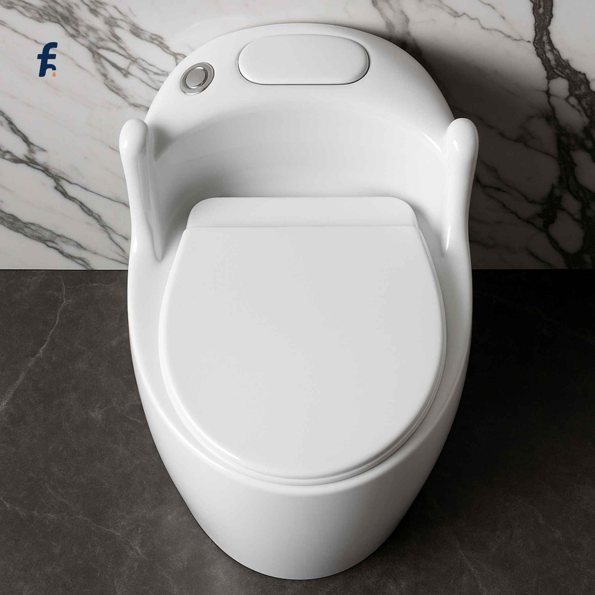 Top angle view of EQIT 111 one-piece western toilet showing sleek white finish and premium seat design.