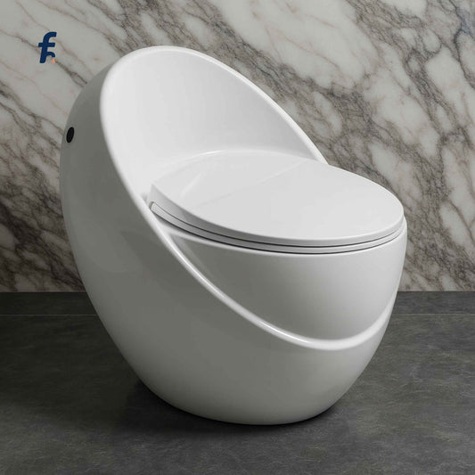 Front view of modern white one-piece integrated toilet with siphonic flush