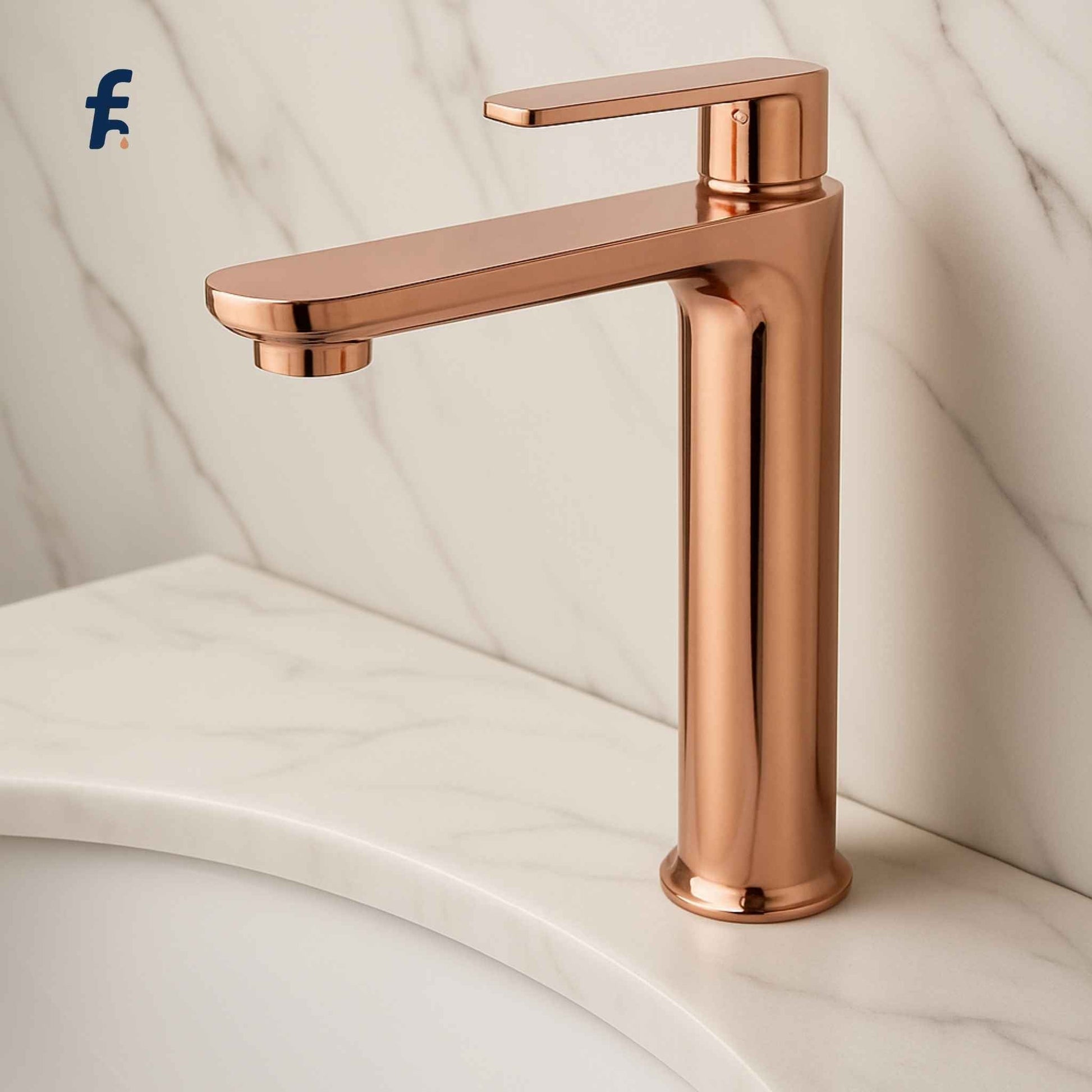 Rose gold faucet on a white background, Rose gold tall basin faucet with premium brass body and zinc handle