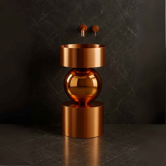  Luxury rose gold pedestal washbasin with sculptural design and stainless steel finish, perfect for modern high-end bathrooms – 400x400x800mm.