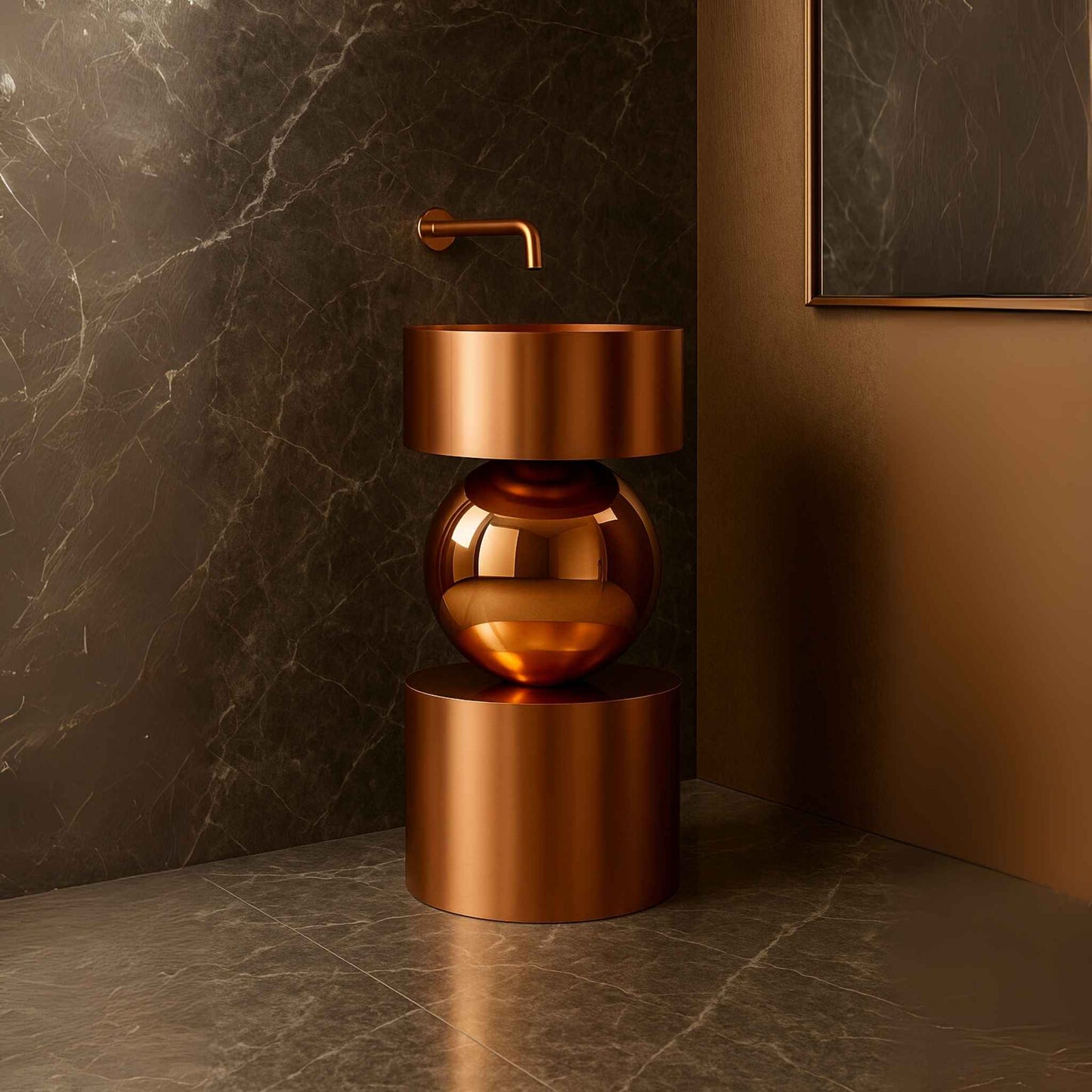  Luxury rose gold pedestal washbasin with sculptural design and stainless steel finish, perfect for modern high-end bathrooms – 400x400x800mm.