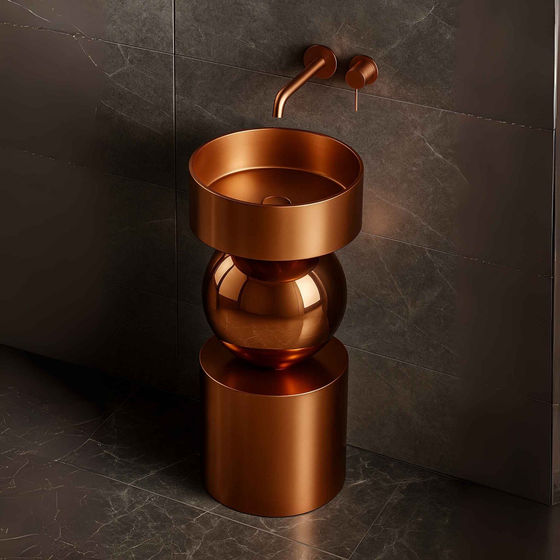  Luxury rose gold pedestal washbasin with sculptural design and stainless steel finish, perfect for modern high-end bathrooms – 400x400x800mm.